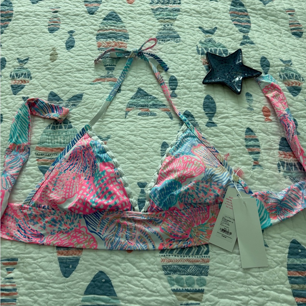 Lilly Pulitzer Pink and Aqua Shell-Print Triangle Bikini Top